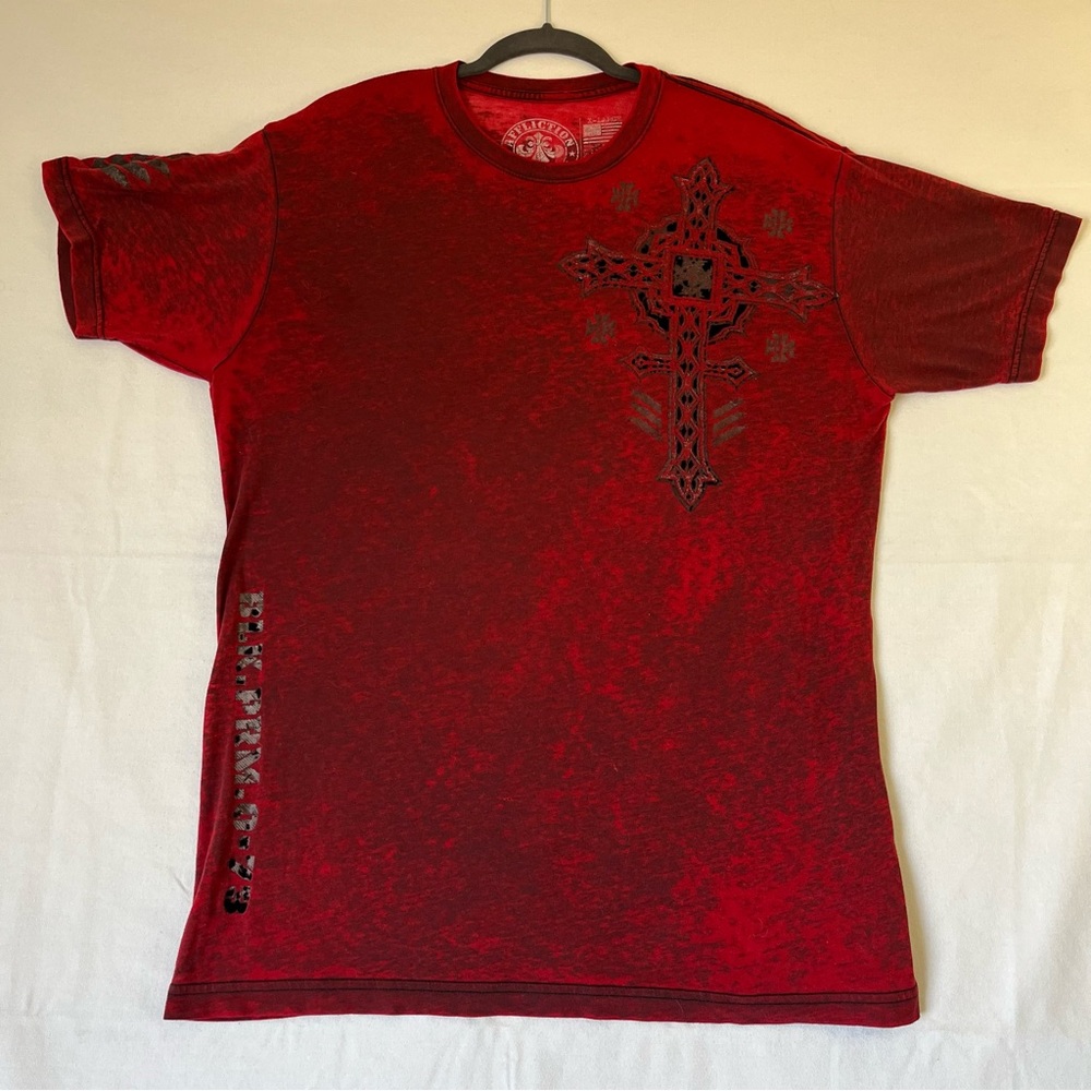 Affliction Live Fast Men's Red size XL Cross With Wings Large Print Shirt RARE